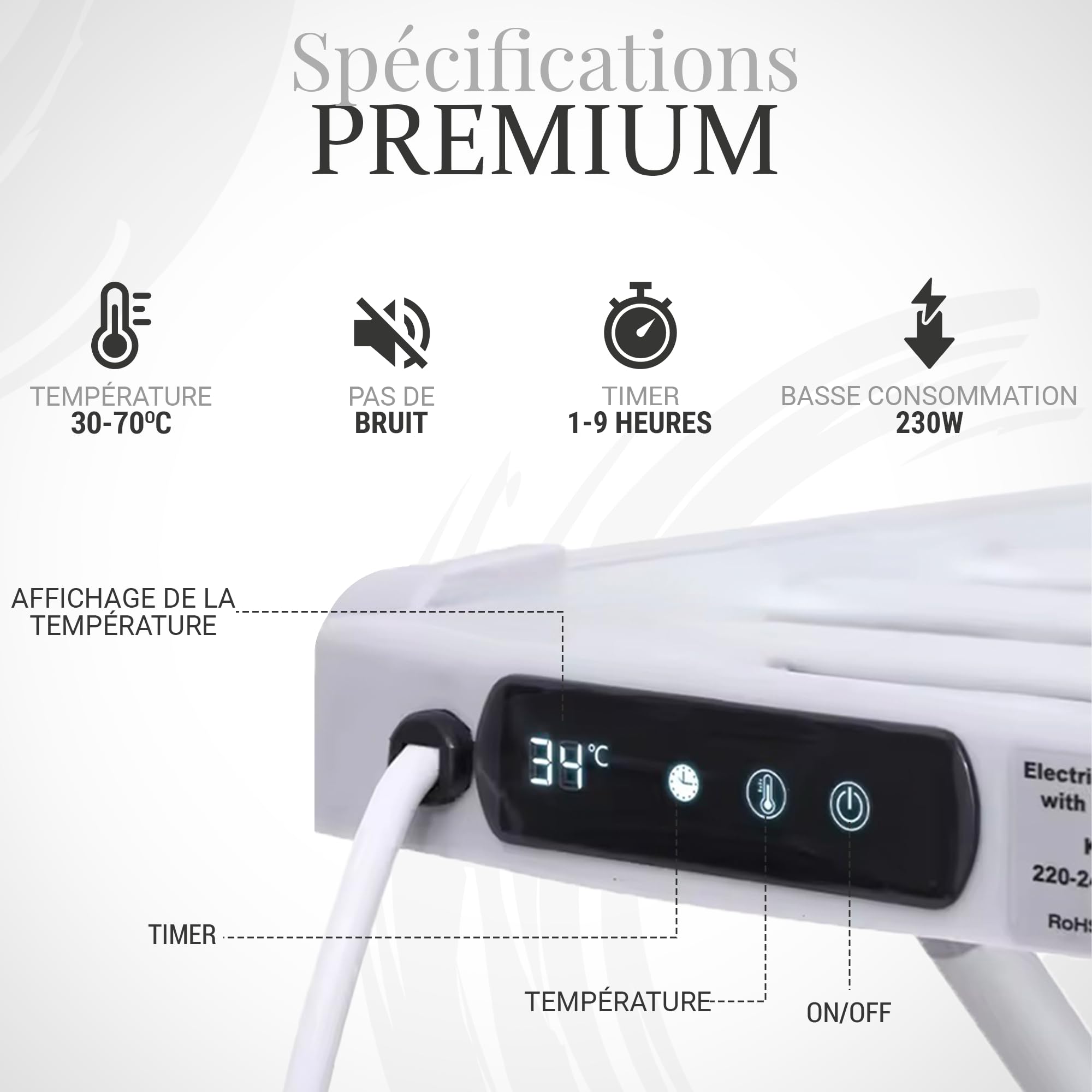Étendoir à Linge Chauffant, Sèche Serviette Électrique Pliable, Sechoir a Linge Electrique Basse Consommation | 18 Barres Aluminium | Écran LED & Minuterie | Housse Thermique & Panier Inclus