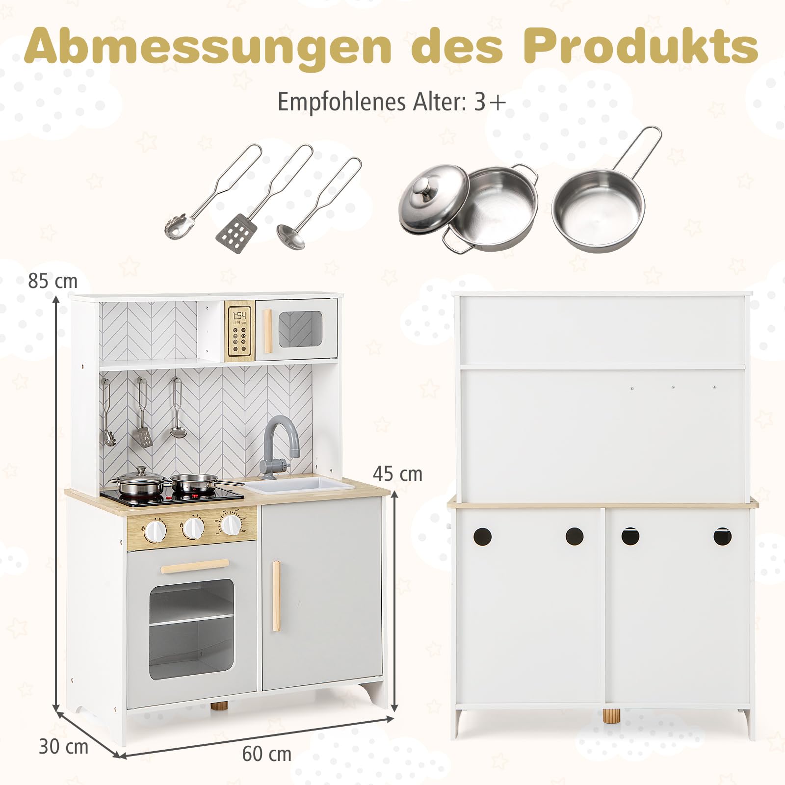 DREAMADE Kinderküche Holz mit Zubehör, Holzküche Mini Küche Kinder Küche mit Herd Ofen Waschbecken, Spielküche mit Licht und Sound für Kinder ab 3 Jahren (Weiß)