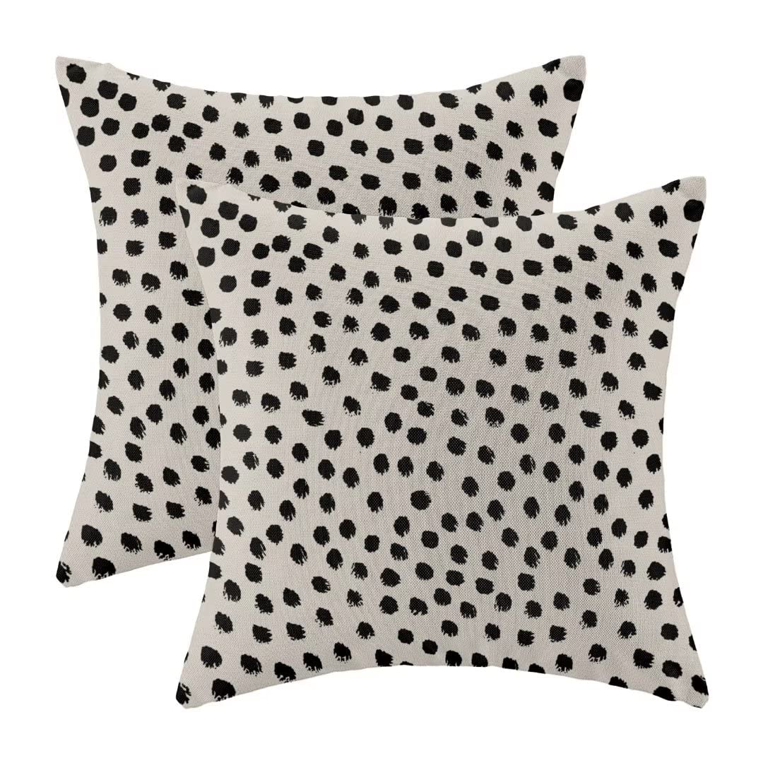 Polka dots Pillow Covers 18x18 Set of 2, Modern Black Cream Decorations Throw Pillow Covers Boho Outdoors Decorative Linen Cushion Case for Home and Office