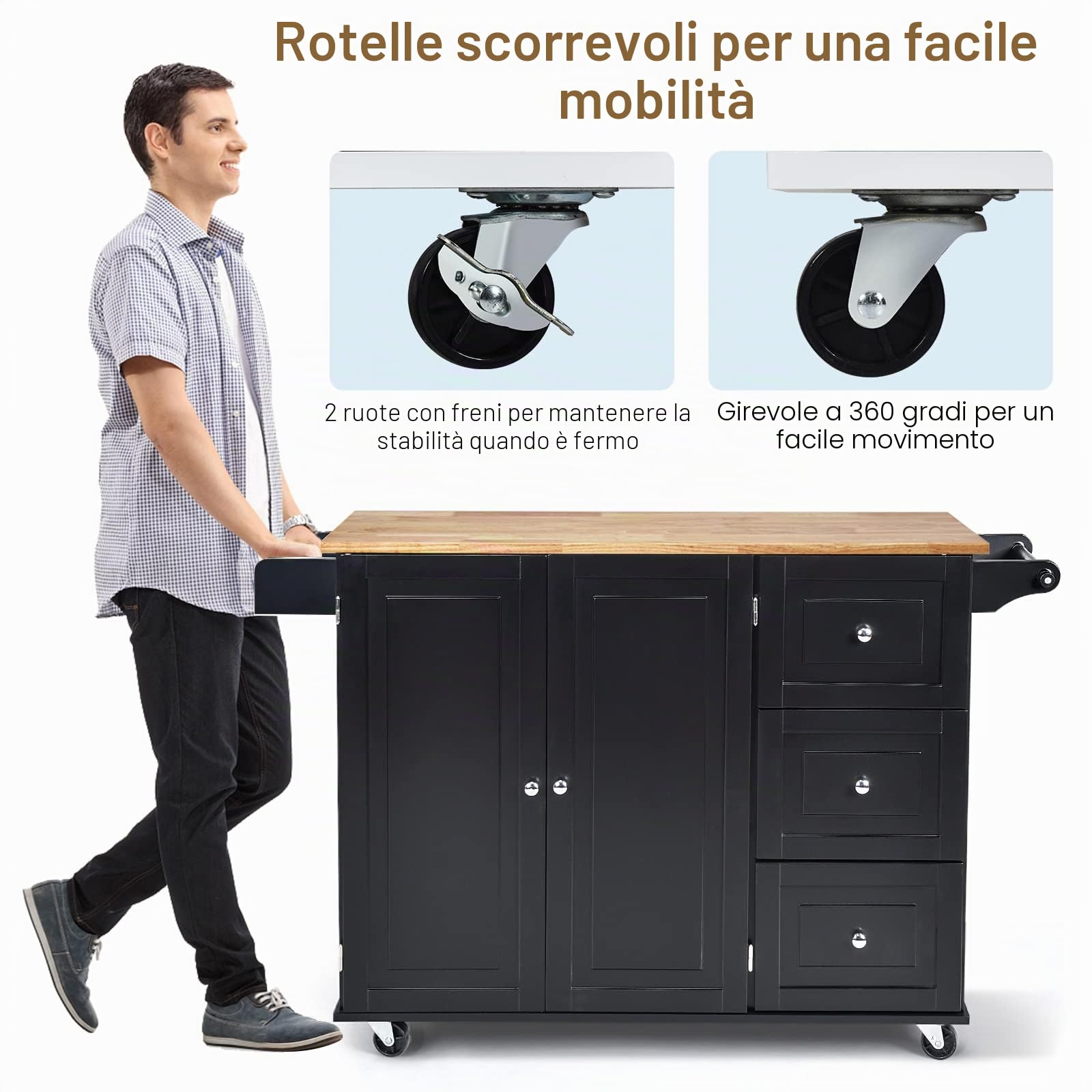 GIANTEX Carrello da Cucina, Credenza Mobile Salvaspazio, Ruote con 2 Freni, Piano Pieghevole, 2 Ripiani Regolabili, 3 Cassetti, 2 Ante, Portaspezie e Portasciugamano, 111x76x91 cm, Nero