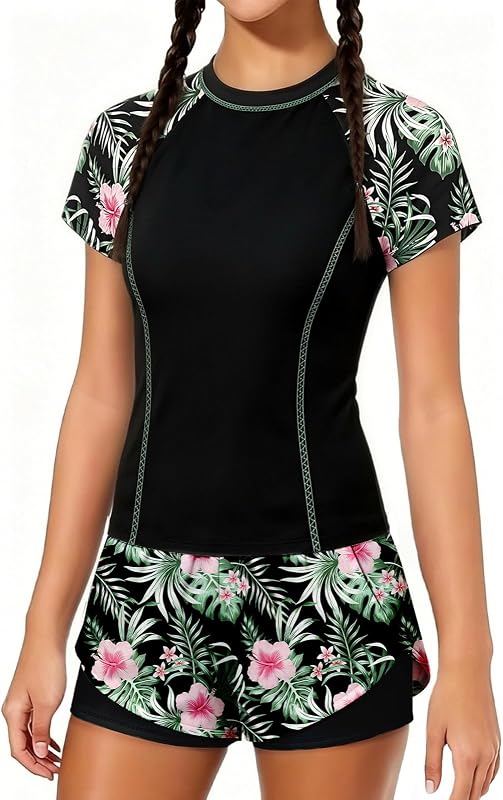 Girls Swimsuit 2 Piece UPF 50+ Rash Guard Set Short Sleeve Modest Bathing Suit with 2-in-1 Shorts Swimwear 7-16Y