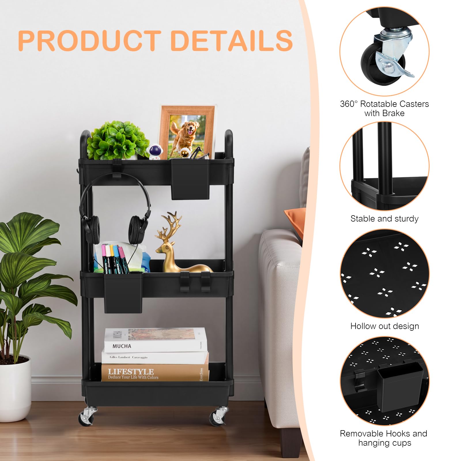 FoiiLiio Carrello Cucina a 3 Ripiani,Carrello portaoggetti,Carrellino con Ruote Portatutto con 2 Piccoli Organizzatori,Stoccaggio Carrello,Portaoggetti Multifunzionale per Bagno,Ufficio,Bianca
