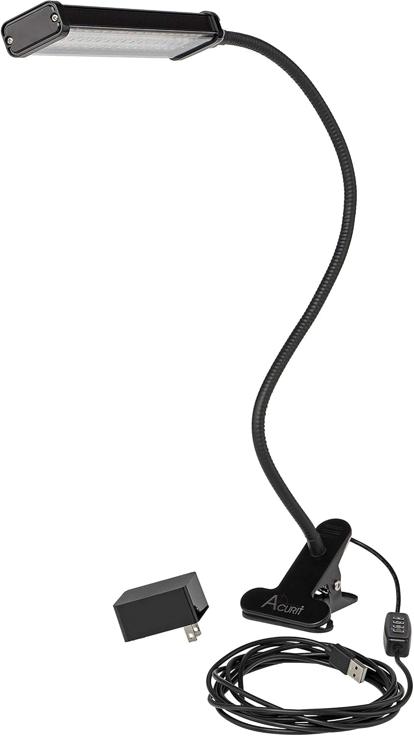 Acurit 54 LED Clip On Light Reading Lamp, 21 Inch Flexible Gooseneck, Adjustable 3 Color Temperature 800 Lumens, 10' Extra Long Power Cable, USB & Adapter - Black Metal
