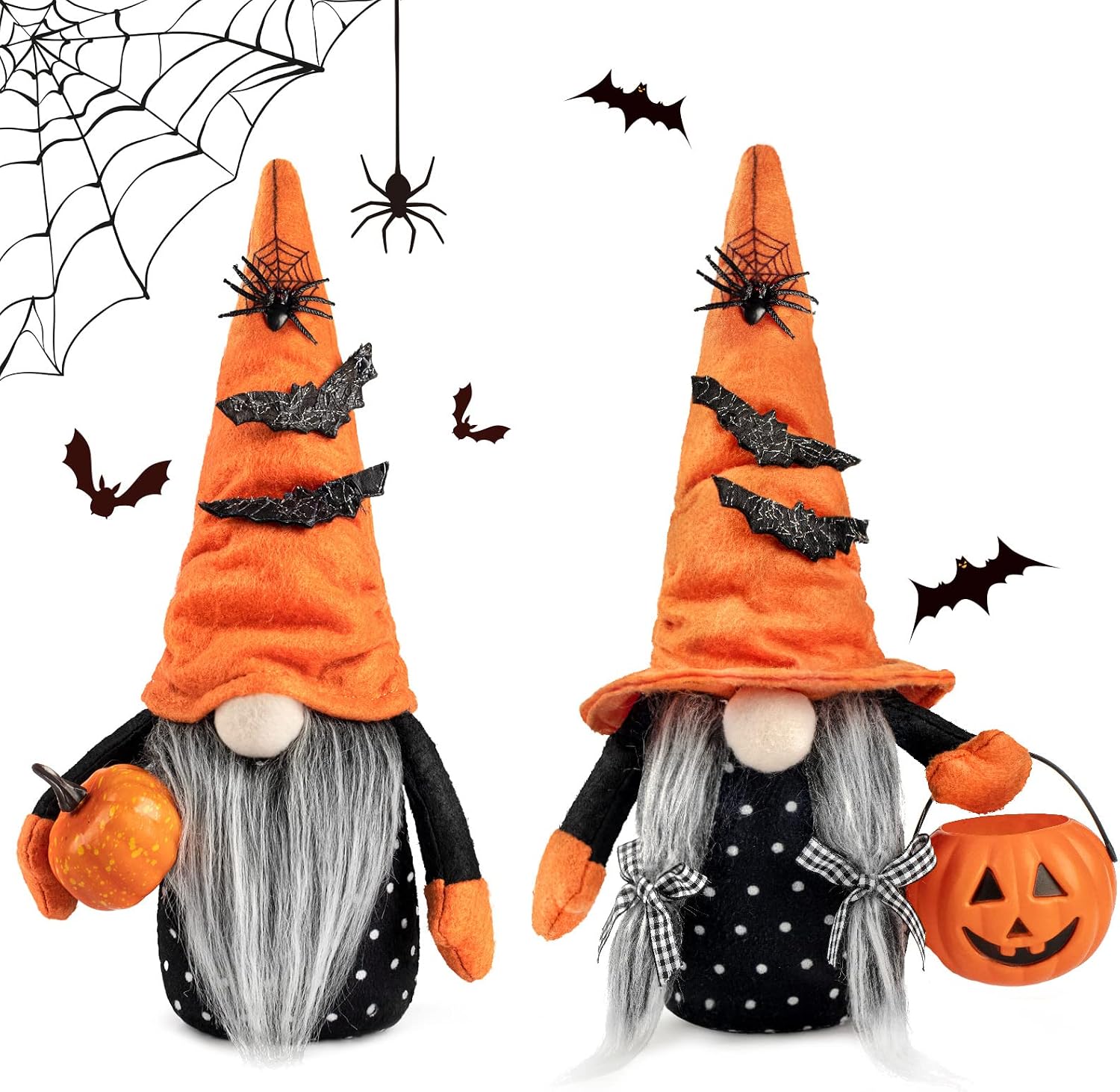 D-FantiX Halloween Gnomes Plush Decor, 2 Pack Handmade Tomte Swedish Gnome Nisse Scandinavian Gnomes Ornaments with Orange Witch Hat Pumpkin Lantern Halloween Table Decorations Gifts