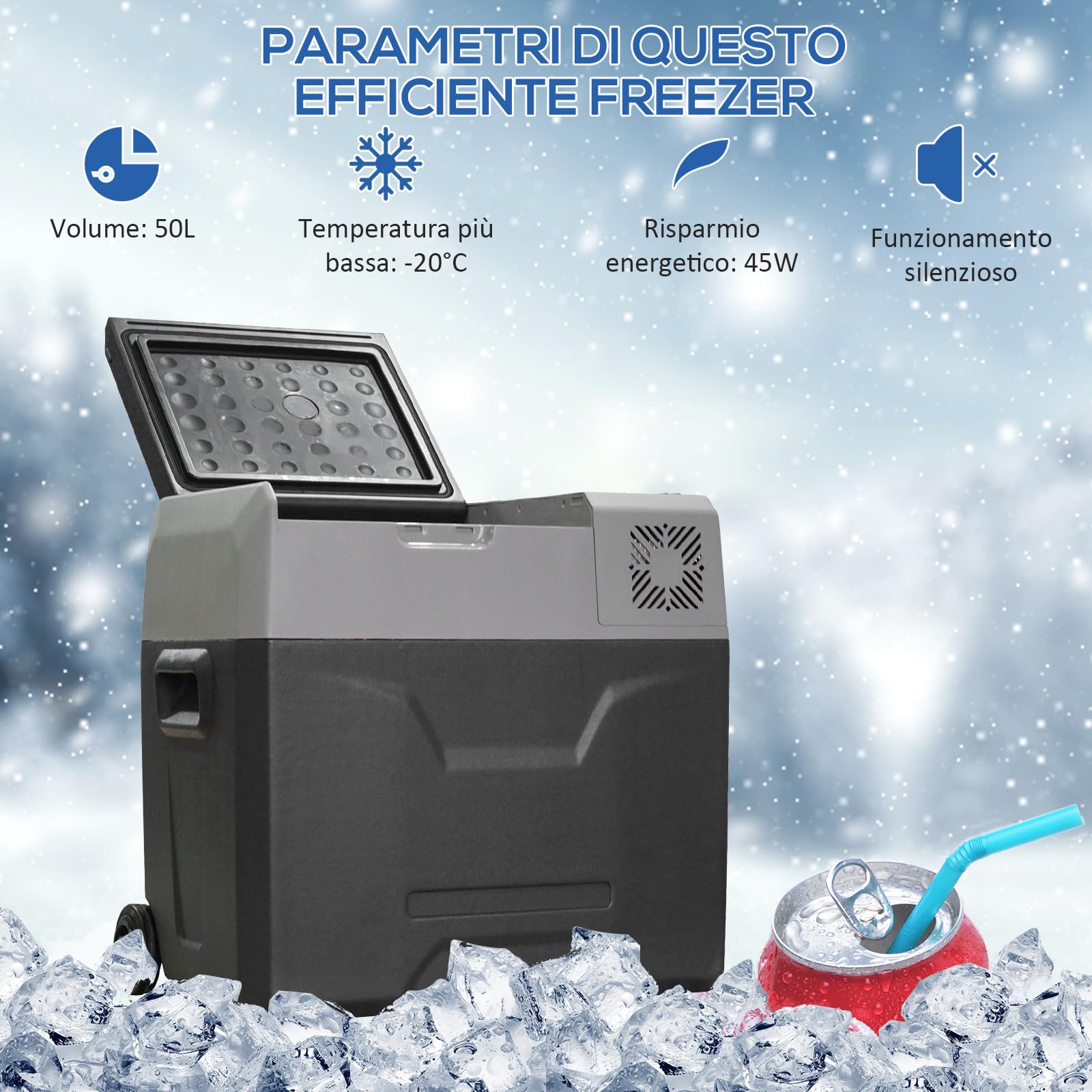 HOMCOM Frigorifero Portatile per Auto 50L 12/24V DC 110-240V AC, Frigo Portatile con Pannello Touch, Maniglia e 2 Rotelle, in Alluminio e Plastica, per Barca, Camper, 58.6x37.8x54.5 cm, Grigio