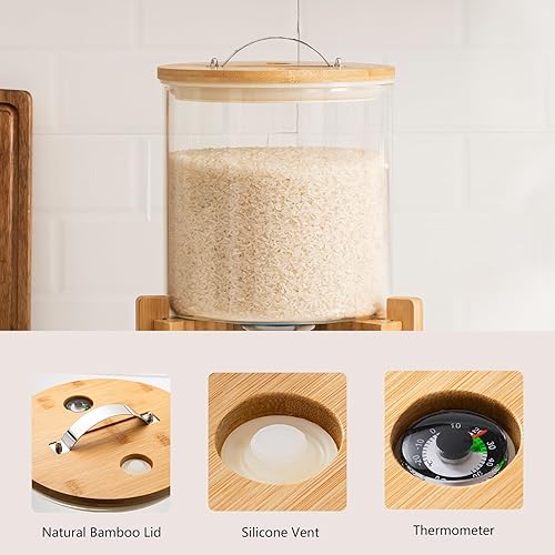 Miniatura 7 de Dispensador de arroz de vidrio con soporte de madera, contenedor de harina y cereales con taza medidora de vidrio, despensa, organizador de