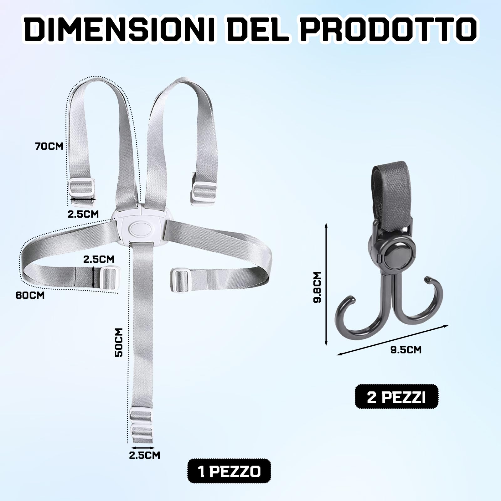 Cintura Di Sicurezza Passeggino Universale - Regolabile, 5 Punti, Anticaduta, Con 2 Ganci (Bianco) - Foto 11