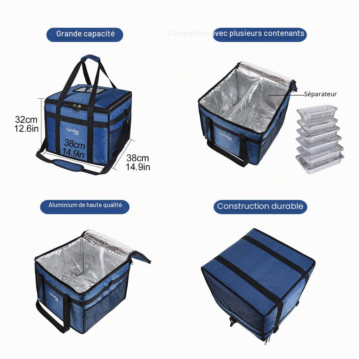 Grand sac de livraison de nourriture chaude isotherme de qualité supérieure 53 x 30 x 28 cm pour aliments froids et chauds, pizzas, restaurants, sac de livraison Uber Eats, pique-nique, sac