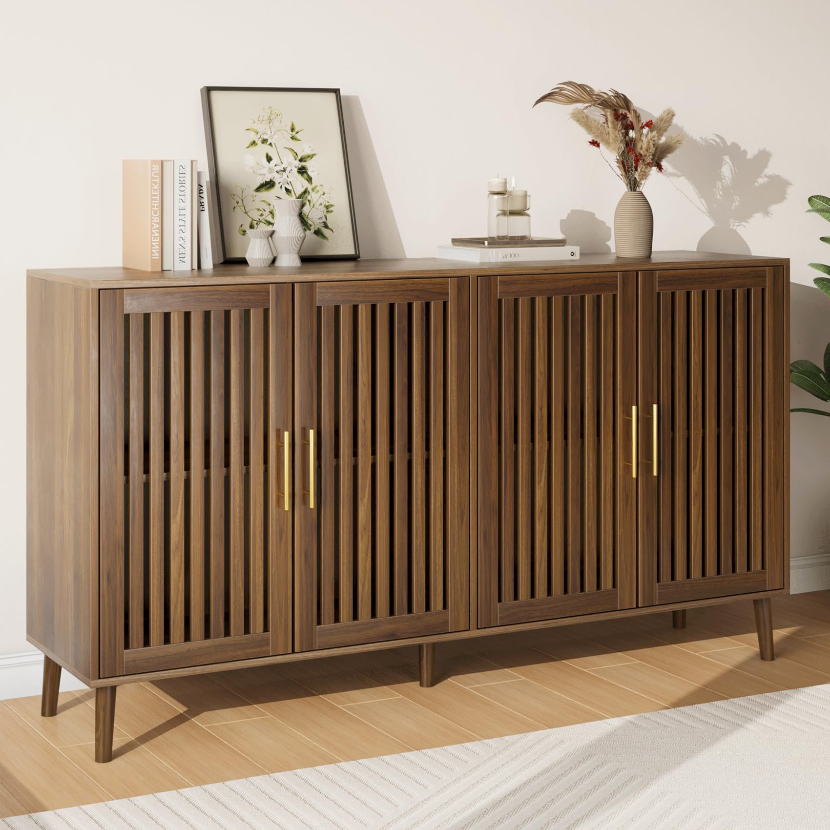 63" Long Sideboard Buffet with 4 Louvered Doors, Farmhouse Buffet Storage Cabinet with Gold Handle, Coffee Bar Cabinet for Entryway, Kitchen, Dining Room, Living Room, Walnut Color
