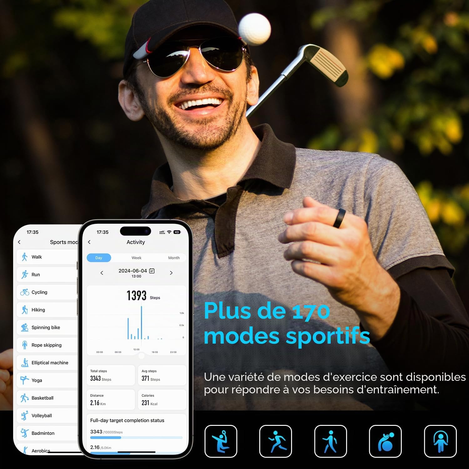 NAIXUES Bague Connectée Homme Femme, Smart Ring avec Commande Gestuelle, Fréquence Cardiaque, SpO2, Sommeil, 170+ Modes Sportifs, Smartwatch 5ATM Podomètre pour Android iOS, Taille 9, Noir