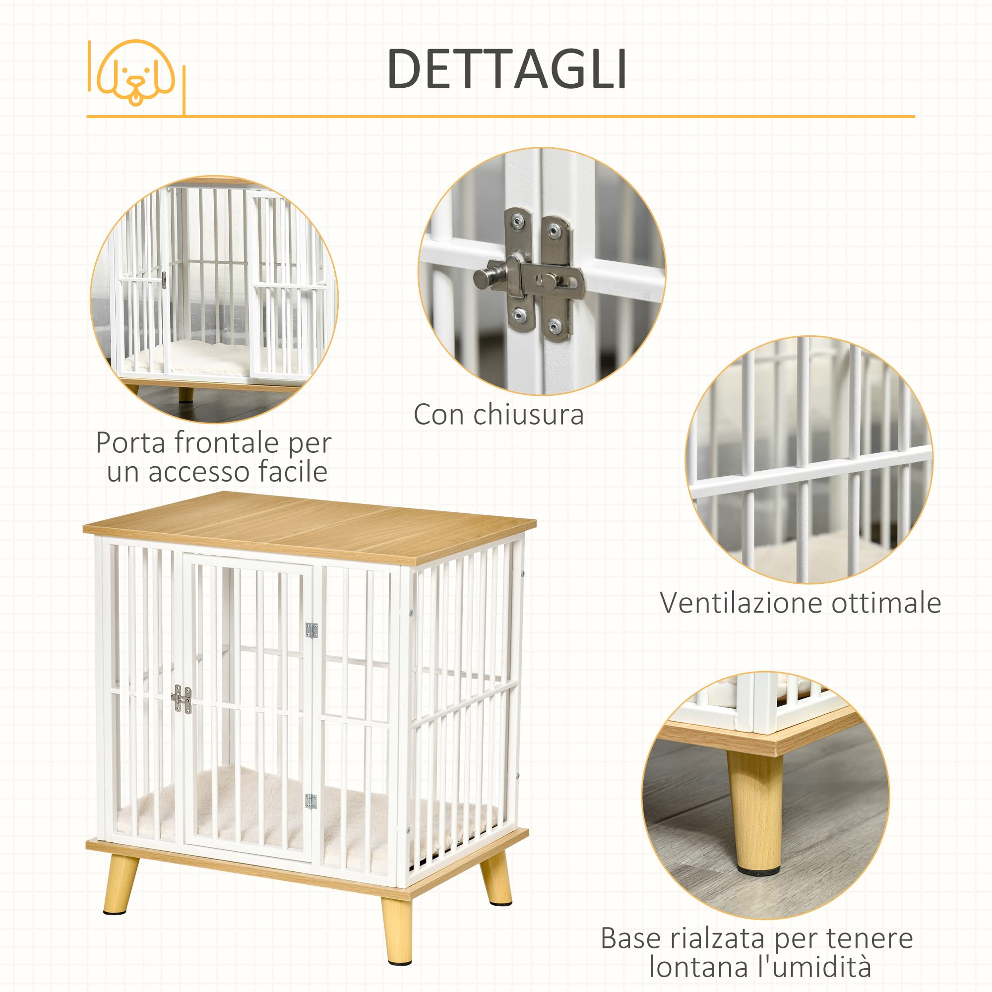 PawHut Casetta per Cani da Interno in Legno e Acciaio, Kennel con Cuscino Rimovibile e Lavabile per Cani di Piccola Taglia, Quercia