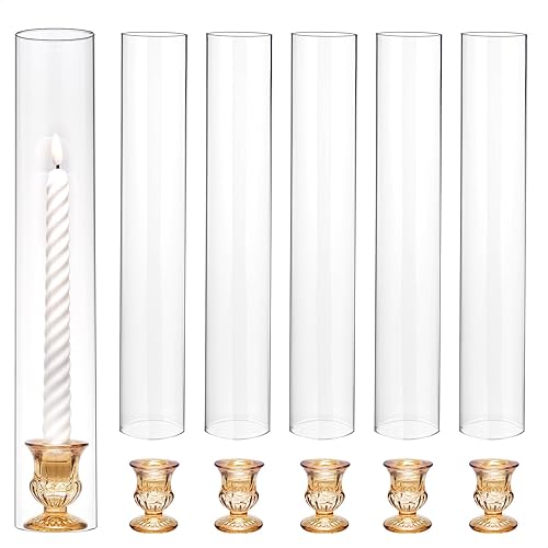 Miniatura 13 de CHILL RECIPE Juego de 6 portavelas de cristal Hurricane, con tapas cilíndricas transparentes de 14 pulgadas de alto para mesa de boda, centro