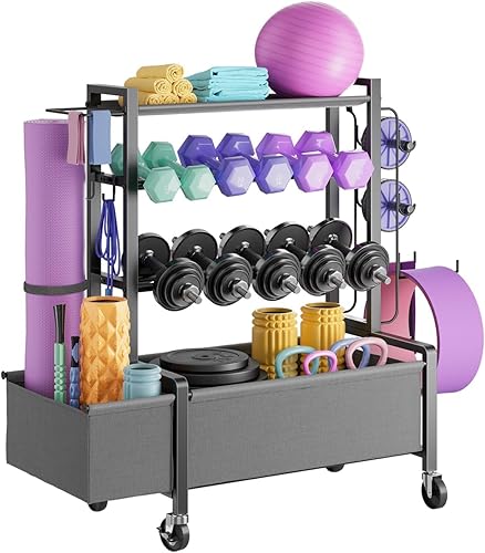 Dumbbell Rack, Adjustable 4-Tier Weight Rack Movable, Home Gym Organizer Up to 405 lb with Lockable Casters & Hooks, Workout Equipment Storage for