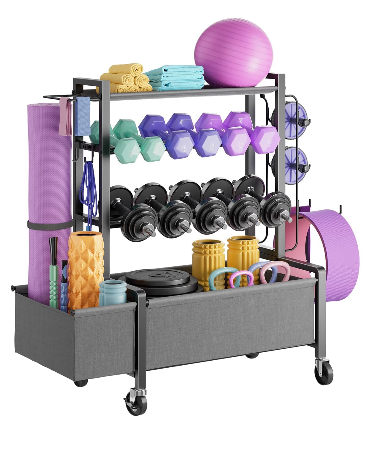FavourLife Adjustable Dumbbell Rack, 4-Tier Movable Weight Rack Stand for Home Gym Up To 405lb with Lockable Caster & Hooks, Home Gym Equipment Storage for Dumbbell Kettlebell Yoga Mat Ball