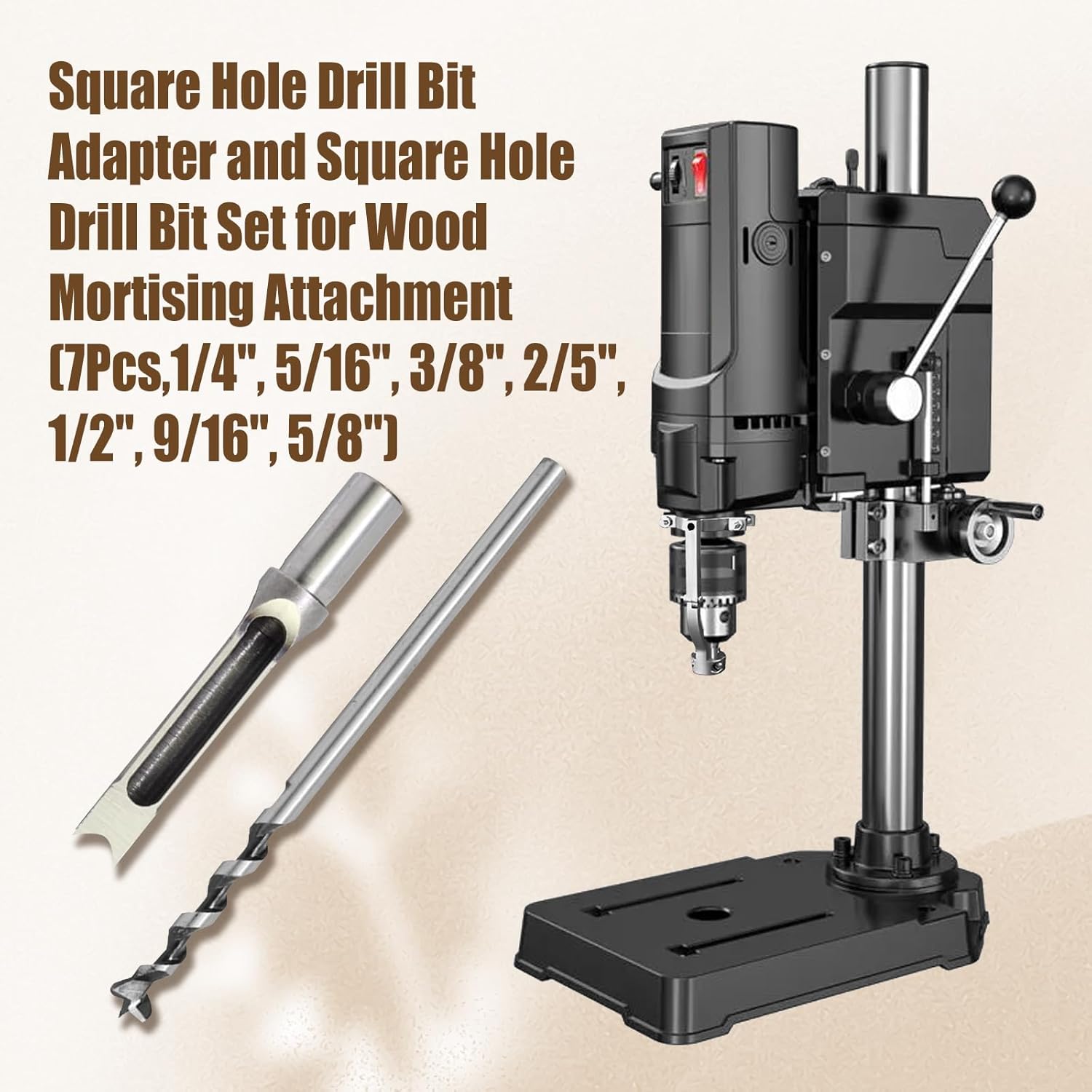 Square Hole Drill Bit & Adapter Set,Wood Mortiser Drill Bit Attachment,Mortising Chisel Set Drill Press Hollow Chisel Mortise Drill Tool for Mortise Machine (1/4, 5/16, 3/8, 2/5, 1/2, 9/16, 5/8")