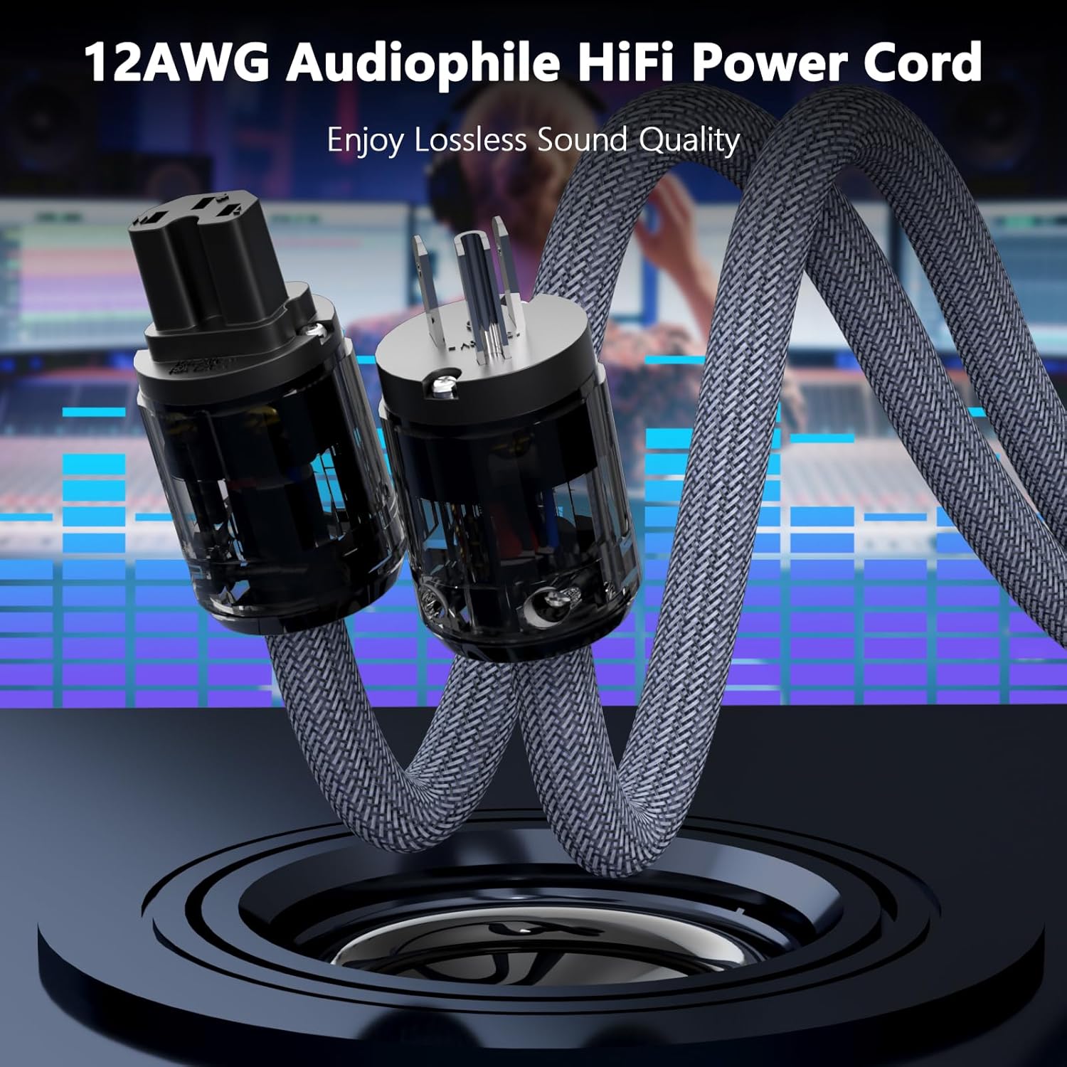 Monosaudio HiFi Audio AC Power Cable, Power Cord with 3-Prong US Version Rhodium Plated Plugs, 12AWG Audiophile Power Cord 125V 15A, Braided Sleeves Power Line(3.3FT/1M)