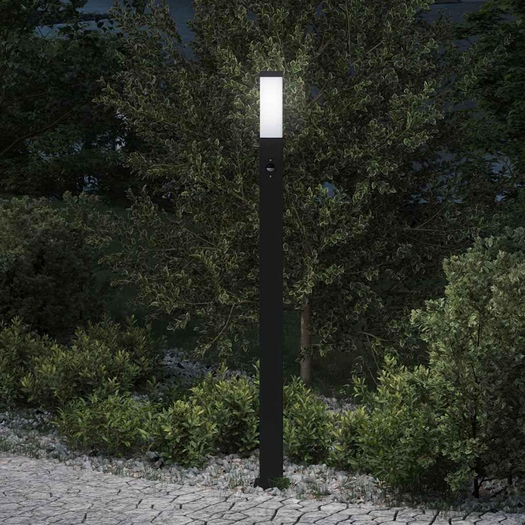 Lámpara de bolardo con sensor de 110 cm, color negro, acero inoxidable, IP44, detector de movimiento, ángulo de detección de 110°, alcance de 8 a 12 m, para jardín, terraza, iluminación de