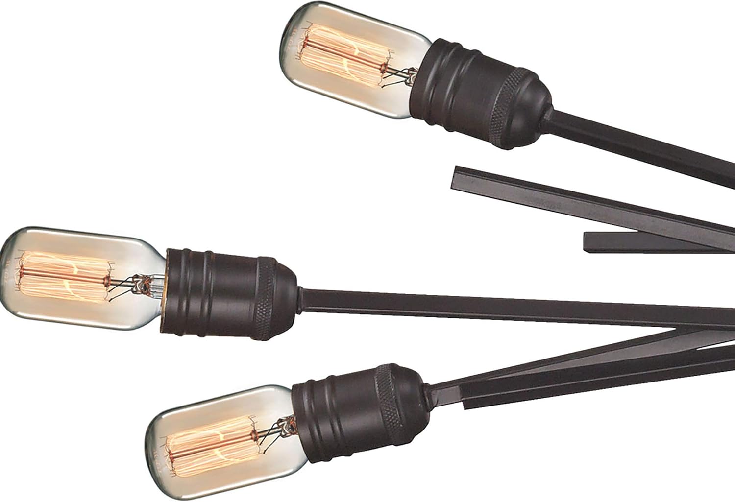 Close-up of the chandelier's bulb sockets with Edison-style bulbs