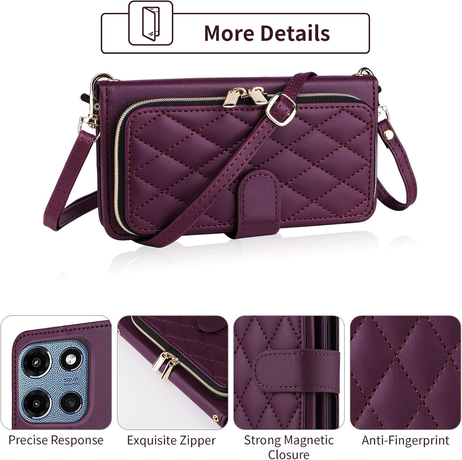 Argyle Wallet Case for Motorola Moto G 5G 2025 with Wrist/Shoulder Strap, 9+ Card Slots Zipper Purse Luxury PU Leather Stand Checkered Cell Phone Cover for G5G 5 G G5 Women Girls Deep Purple