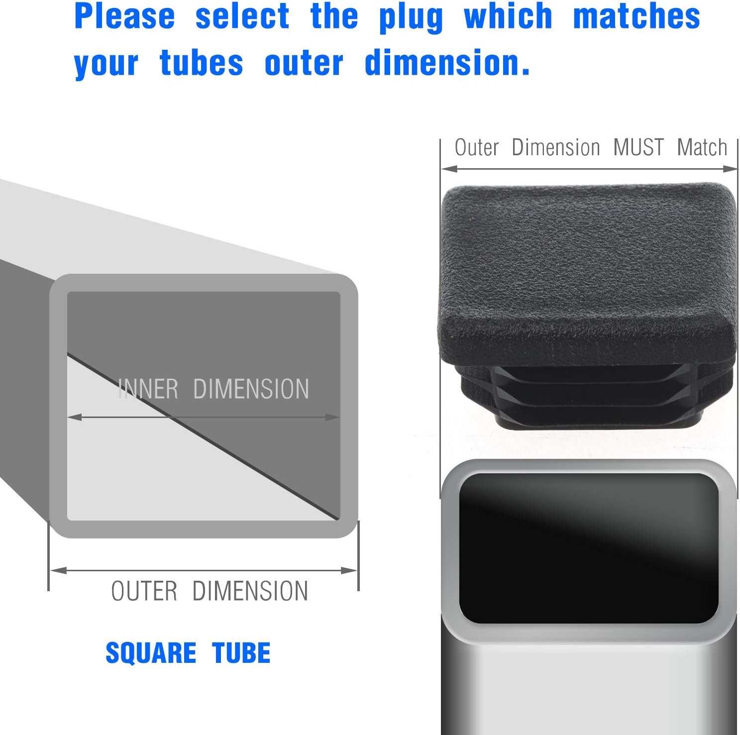 1-1/2Inch Square Plastic Plug, End Caps for Tubing Pipe OD 1-1/2" x 1-1/2" (not ID), Steel Chair Leg End Caps, Bar Stool Glides Inserts, Fence Plugs, Furniture or Fitness Equipment End Caps (12 Packs)