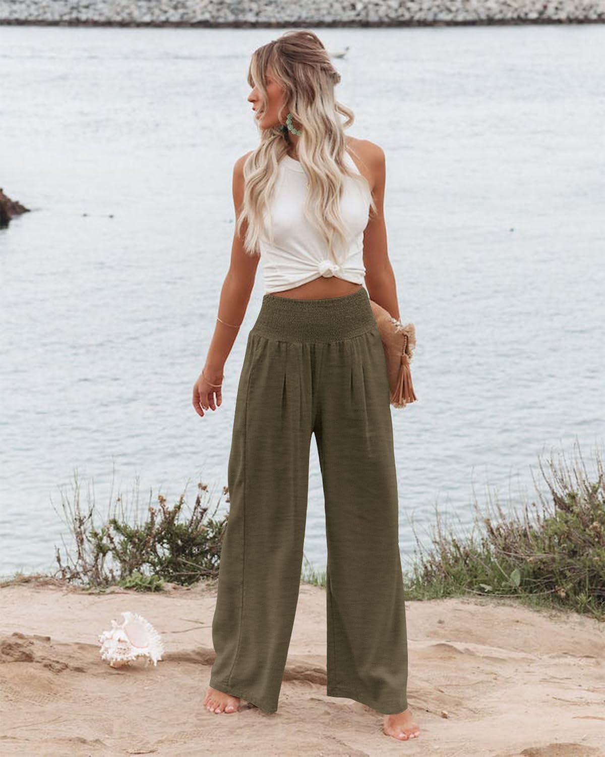 Angerella Womens Elastic High Waisted Palazzo Pants Casual Wide Leg Long Lounge Pant Trousers with Pocket - Image 2