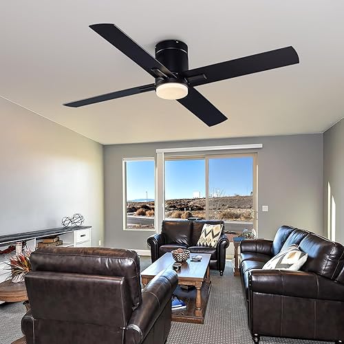 Miniatura 1 de Ventilador de techo de perfil bajo de montaje empotrado de 52 pulgadas con luz y control remoto, 4 cuchillas de madera reversibles de doble acabado,