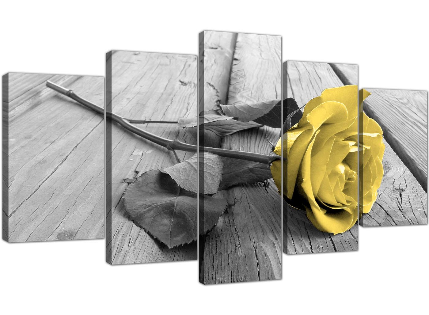 Wallfillers Yellow Extra Large Rose In Black And White Canvas Wall Art - Set Of 5 Part Canvases - 5255