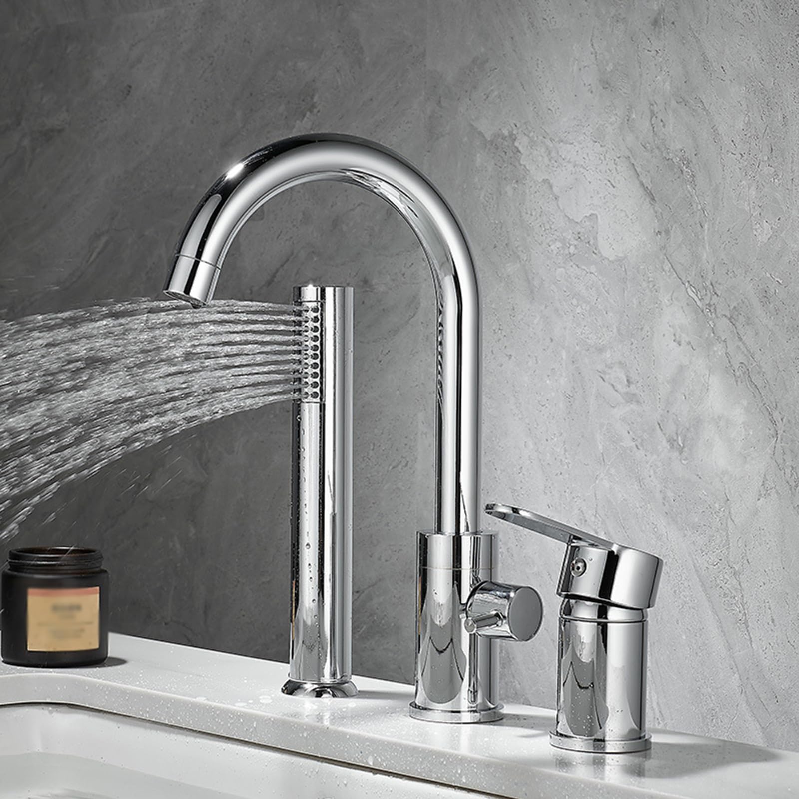 Grifo Moderno para Bañera de 3 Orificios Monomando Rotación de 360° Latón Agua Caliente O Fría para Lavabo Y Bañera Grifos Mezcladores para Bañera con Ducha Color Plata