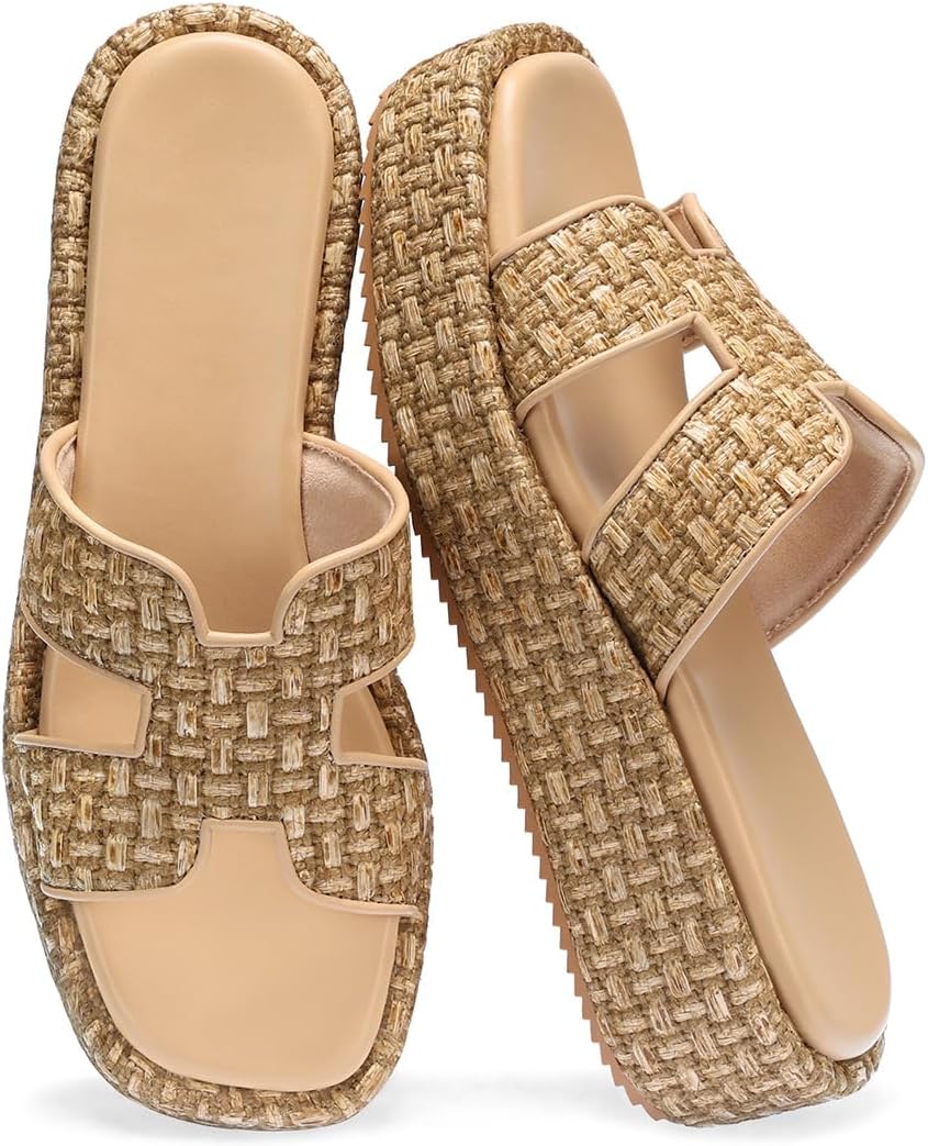 Monrovia Raffia Platform Sandals for Women Slip-On Espadrille Wedges Slides, Flatform Woven Straw Summer Vacation Beach Shoes