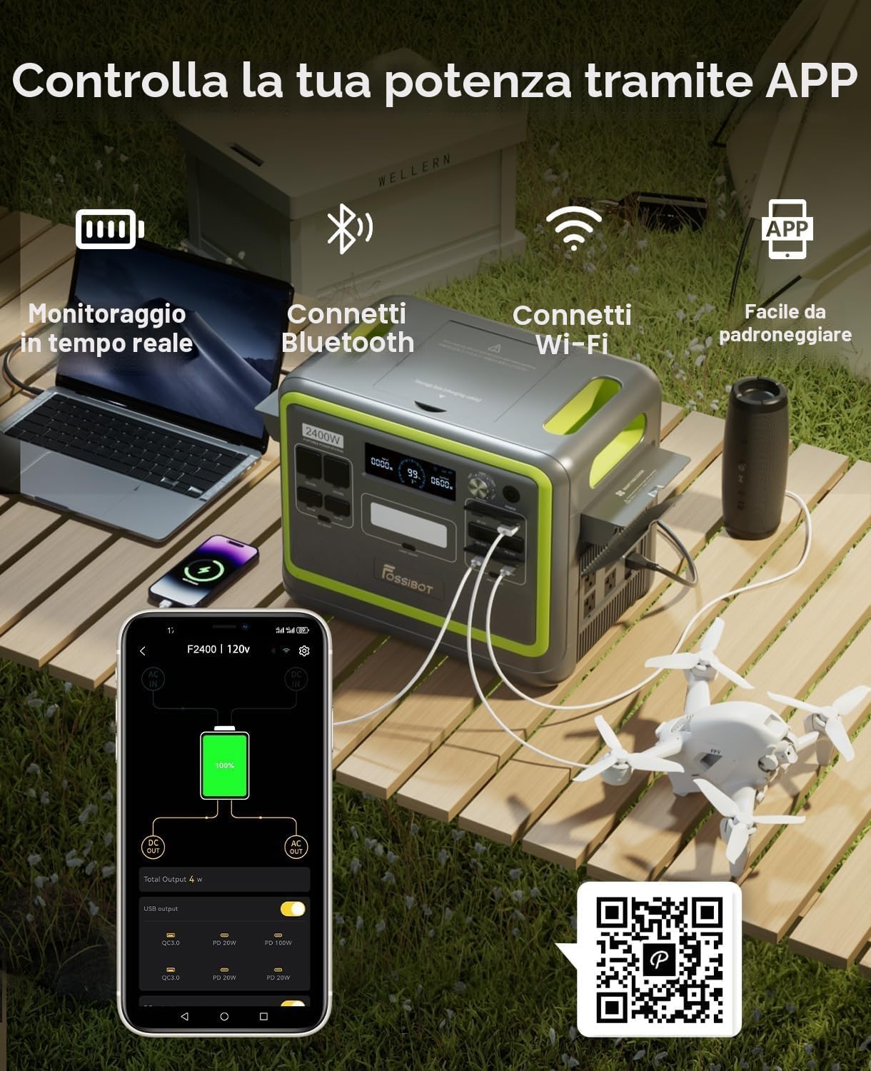 FOSSiBOT Centrale Elettrica Portatile F2400, Pezzo con Pannello Solare da 200W, LiFePO4 da 2048 Wh, Uscita AC da 2400W, Generatore Solare Adatta per Case, Campeggio e Situazioni di Emergenza