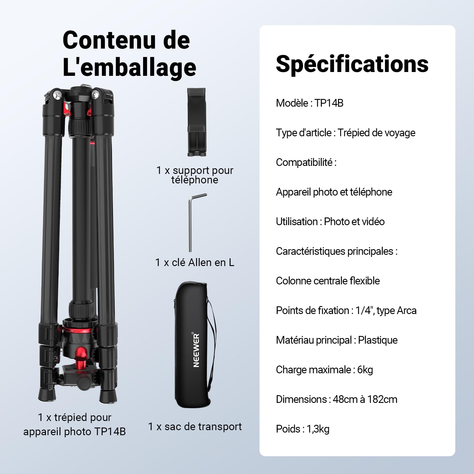 NEEWER Basics 72'' Trépied Monopode de Voyage pour Appareil Photo，Support Compact et Léger pour d'enregistrement vidéo Portable, Rotule Arca, Compatible avec iPhone Portable,Max Load 13.2 LB, TP14B