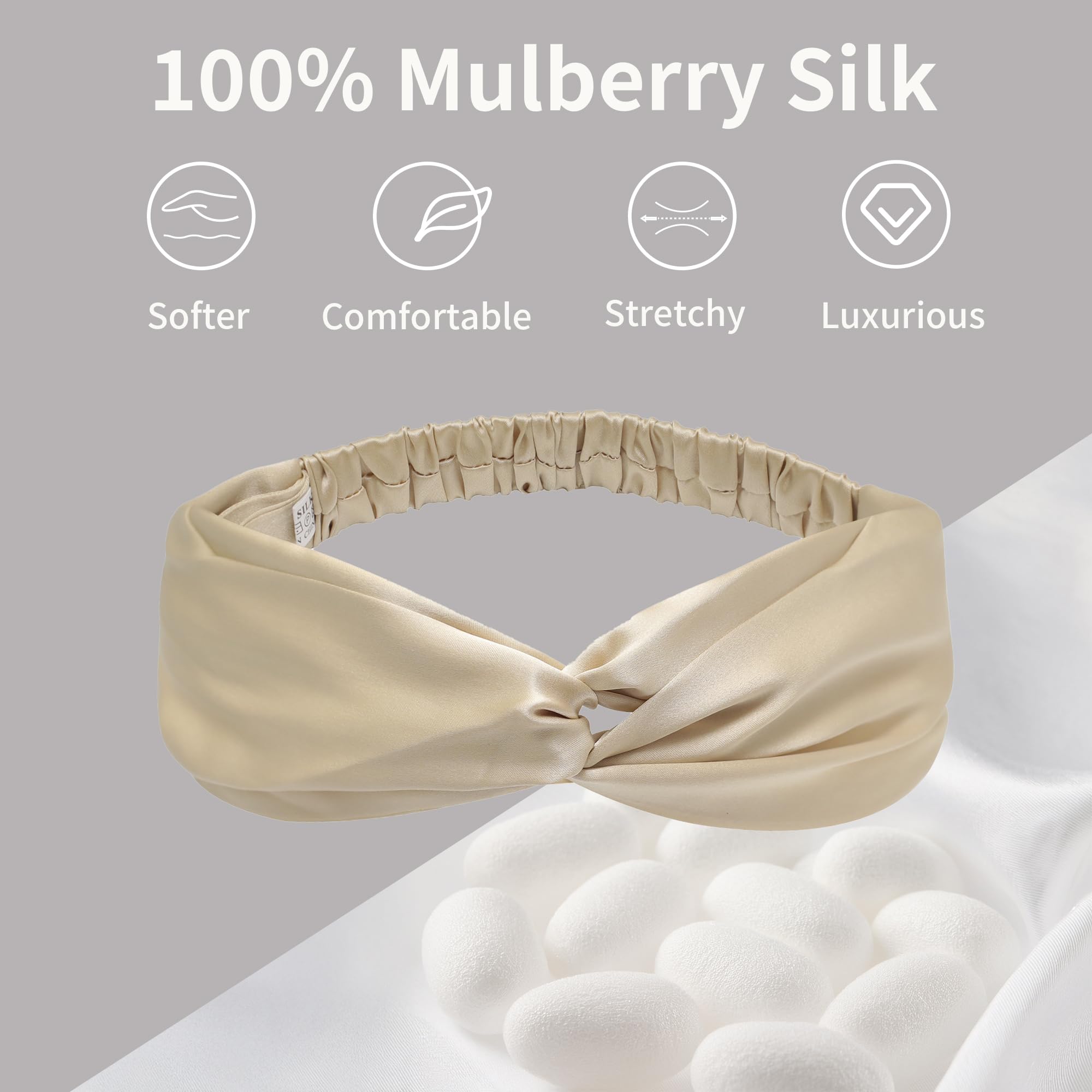 ZLYC Mulberry Silk Headband Elastic Twist Knotted Head Bands for Women's Hair(Solid Pale Beige),One Size - Image 2