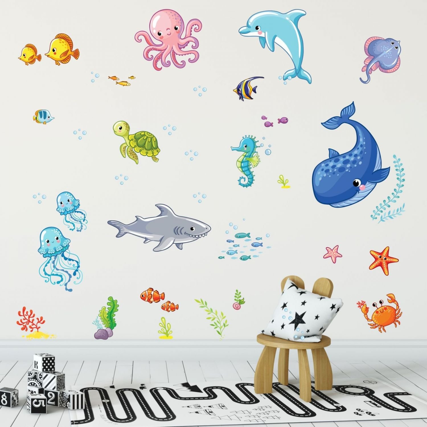 nikima - 078 Wandtattoo Wasserwelten Kinderzimmer Wal Delfin Fische Hai - in 6 Größen - niedliche Kinderzimmer Sticker und Aufkleber süße Wanddeko Wandbild Junge Mädchen Größe 1500 x 840 mm