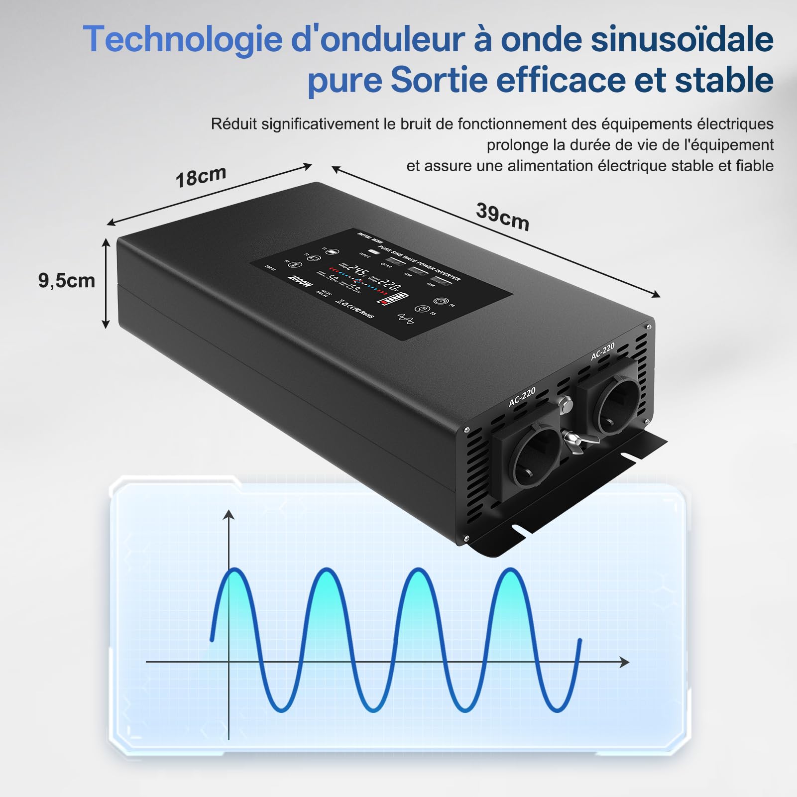 DATOUBOSS Convertisseur 24v 220v Pur Sinus 2000W，Transformateur 4000W Crête, Onduleur avec 2 Prises UE, 4 USB Ports (1x QC3.0, 1x USB-C, 2x USB-A), Tlécommande, Écran LCD，pour Voiture, Camion, Camping
