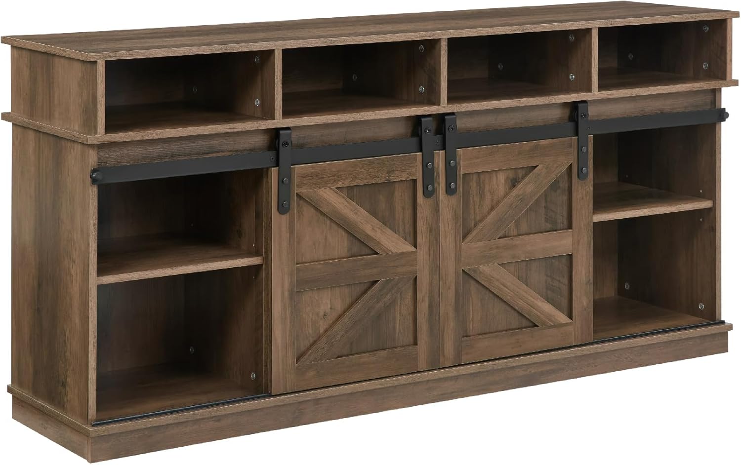 58" Farmhouse TV Stand and Entertainment Center for Televisions up to 65 Inchs, Sliding Barn Doors, Storage Cabinets & 4 Cubes