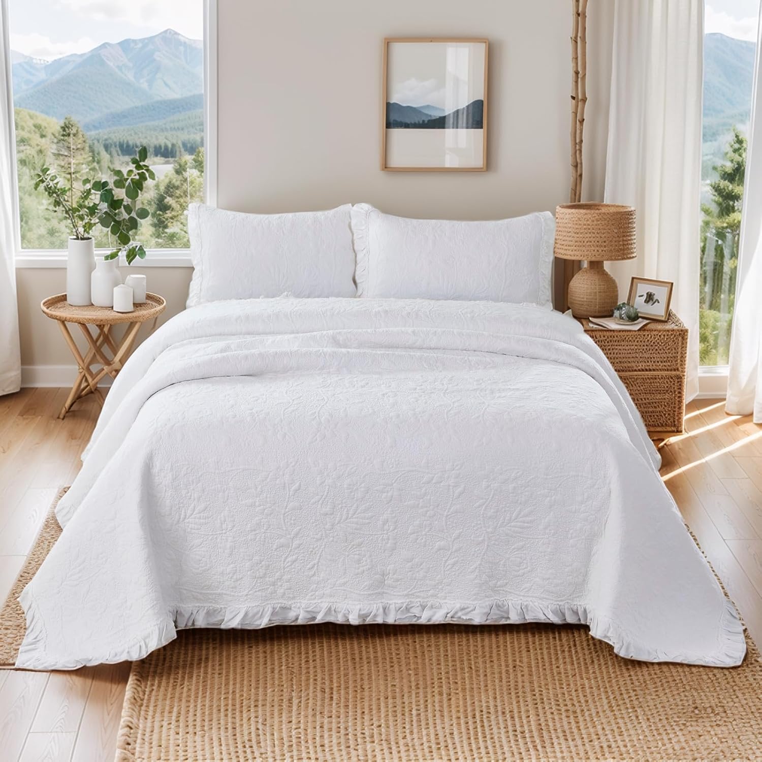 Brandream White Quilt Set Cotton Queen Size Shabby Chic Cottagecore Bedding Matelasse Coverlet Set Ruffle Bedspreads 3-Piece - Image 6