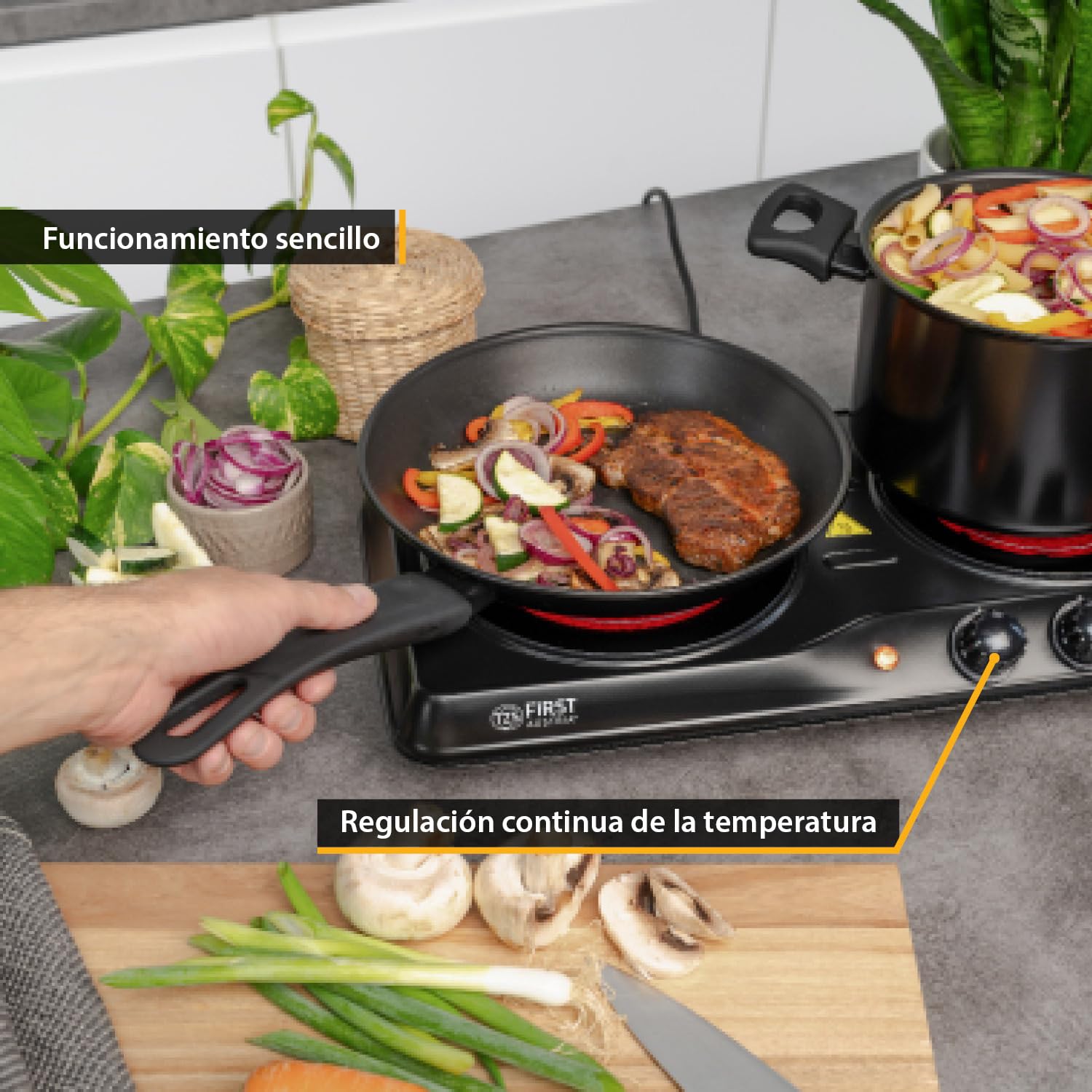 TZS First Austria - Placa de cocción doble infrarrojos vitrocerámica TODOS los tipos de ollas 2000W - Mini Hornillo eléctrico para mudanza, camping y hogar - Regulación continua y luz de control