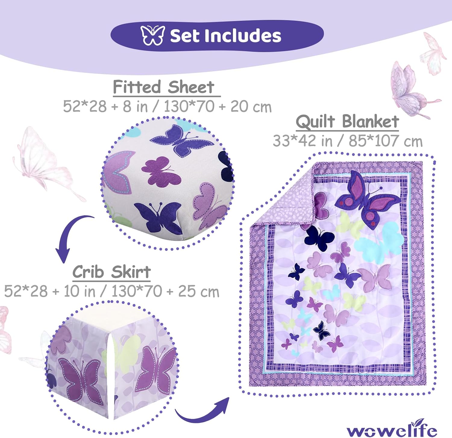 Wowelife Butterfly Crib Bedding Set for Girls 3 Piece Baby Girl Bedding Sets Purple Nursery Crib Sets Newborn, Infant &Toddler Include Quilted Comforter,Crib Skirt and Fitted Sheet, Purple