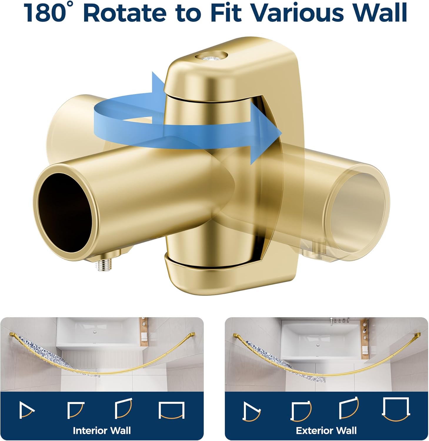 ENJOYBASICS Curved Shower Curtain Rod with Shower Rings, Adjustable Round Bathroom Rod for Extra Space, Rustproof, Need to Drill, Gold, 35-77 Inches