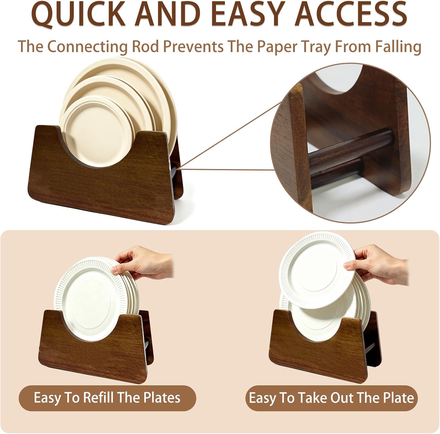 Paper Plate Holder, Acacia Wood Storage Organizer for 7-10 inch Plates