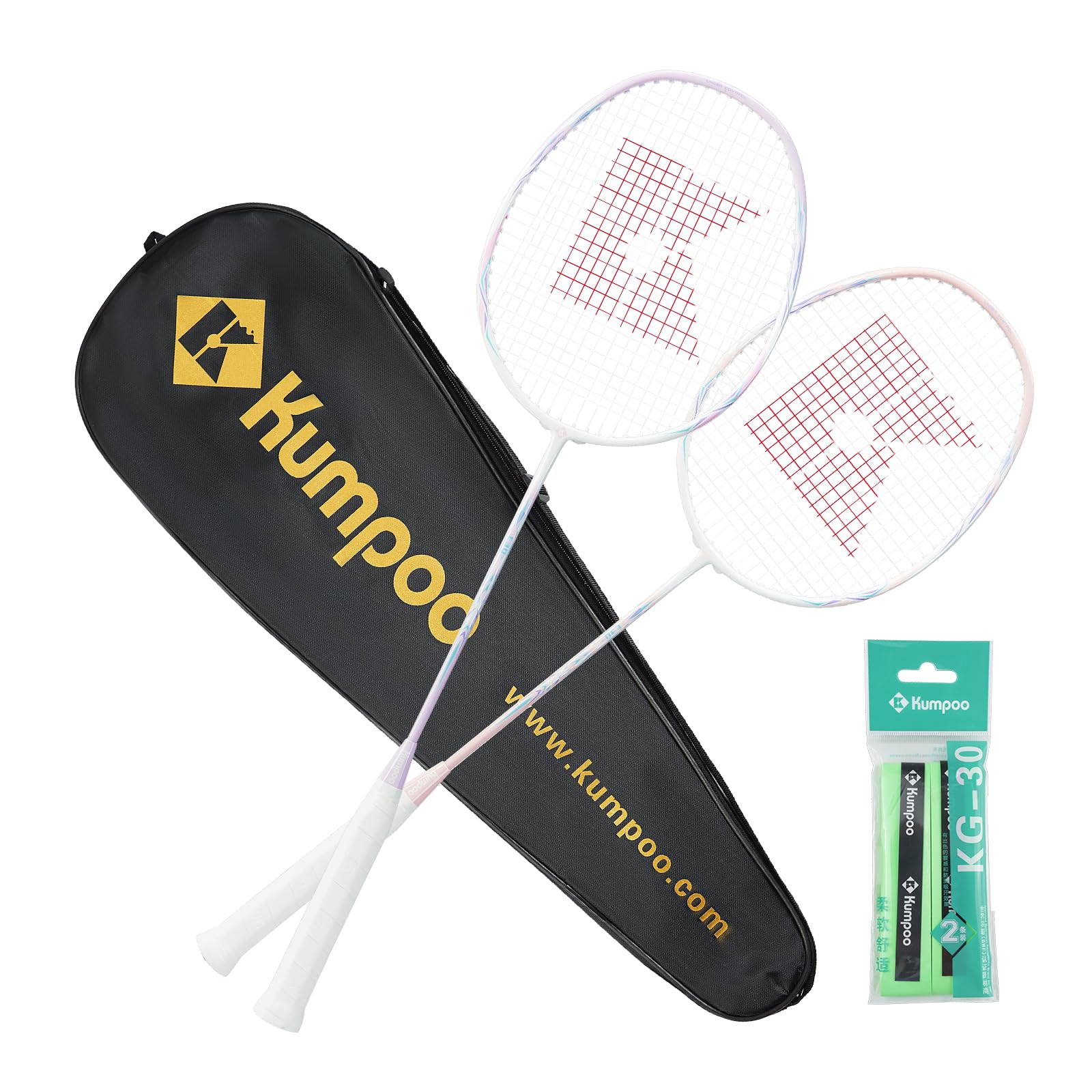 KUMPOO Badminton Racket Set with 2 Carbon Shaft Rackets, Grip Tapes, 1 Carry Bag, 3U-87g Professional Badminton Racquet Lightweight for Beginners Outdoor Games, E30 Pink+Purple