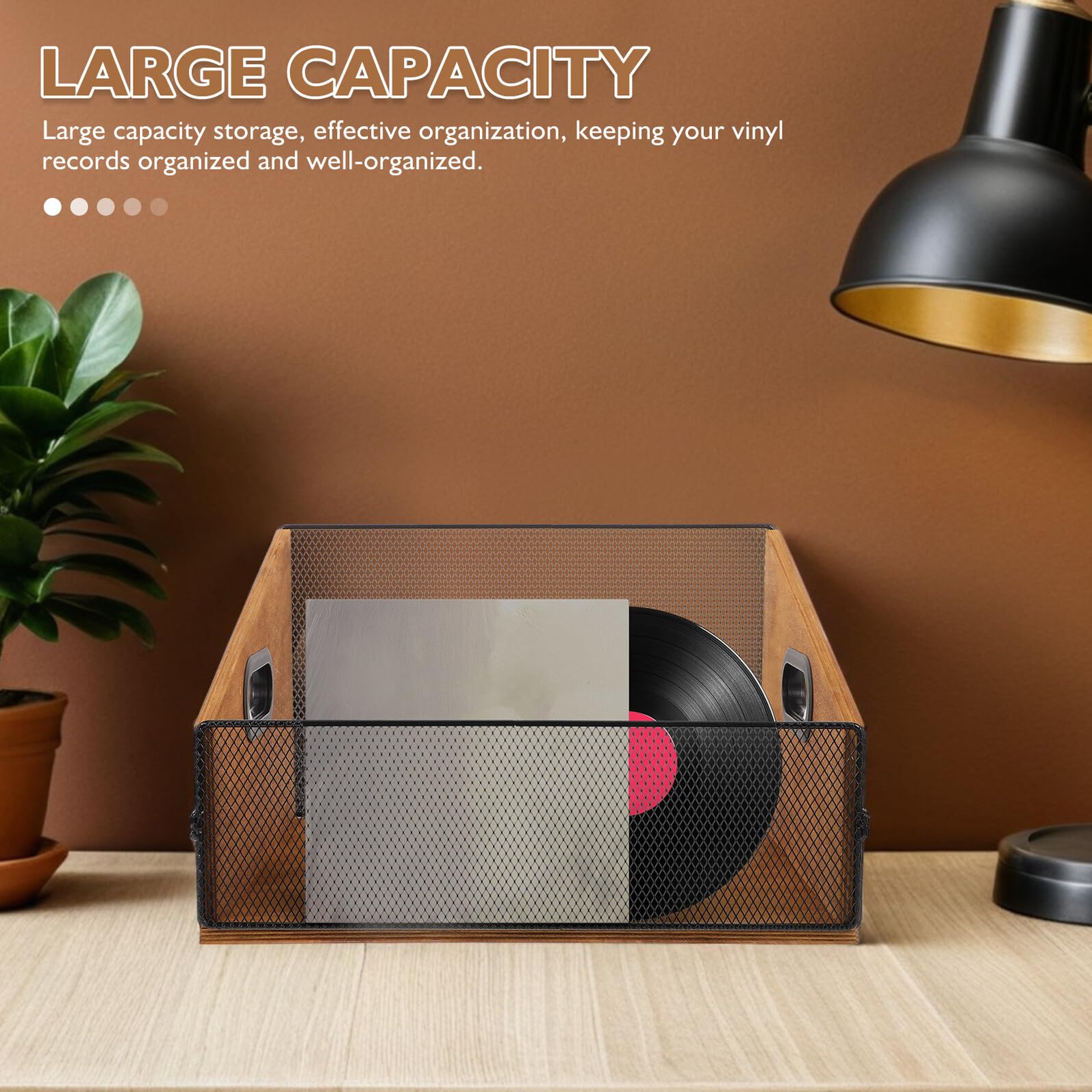 Healeved Cassa Porta Dischi in Vinile in Legno Massello con Manici Ergonomici, Contenitore Rustico da 36x30x21,5 Cm per Organizzazione Album e Supporti Multimediali, Custodia Portatile