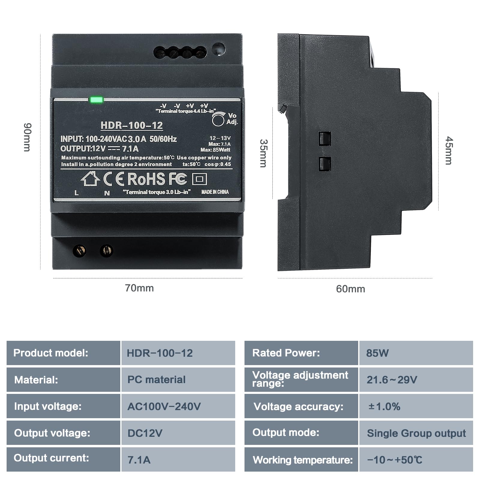 Jadeshay Alimentation 12V, HDR-100-12 Bloc d'alimentation rail DIN 12V DC 7.1A 100W Alimentation sur Rail DIN Transformateur 12V