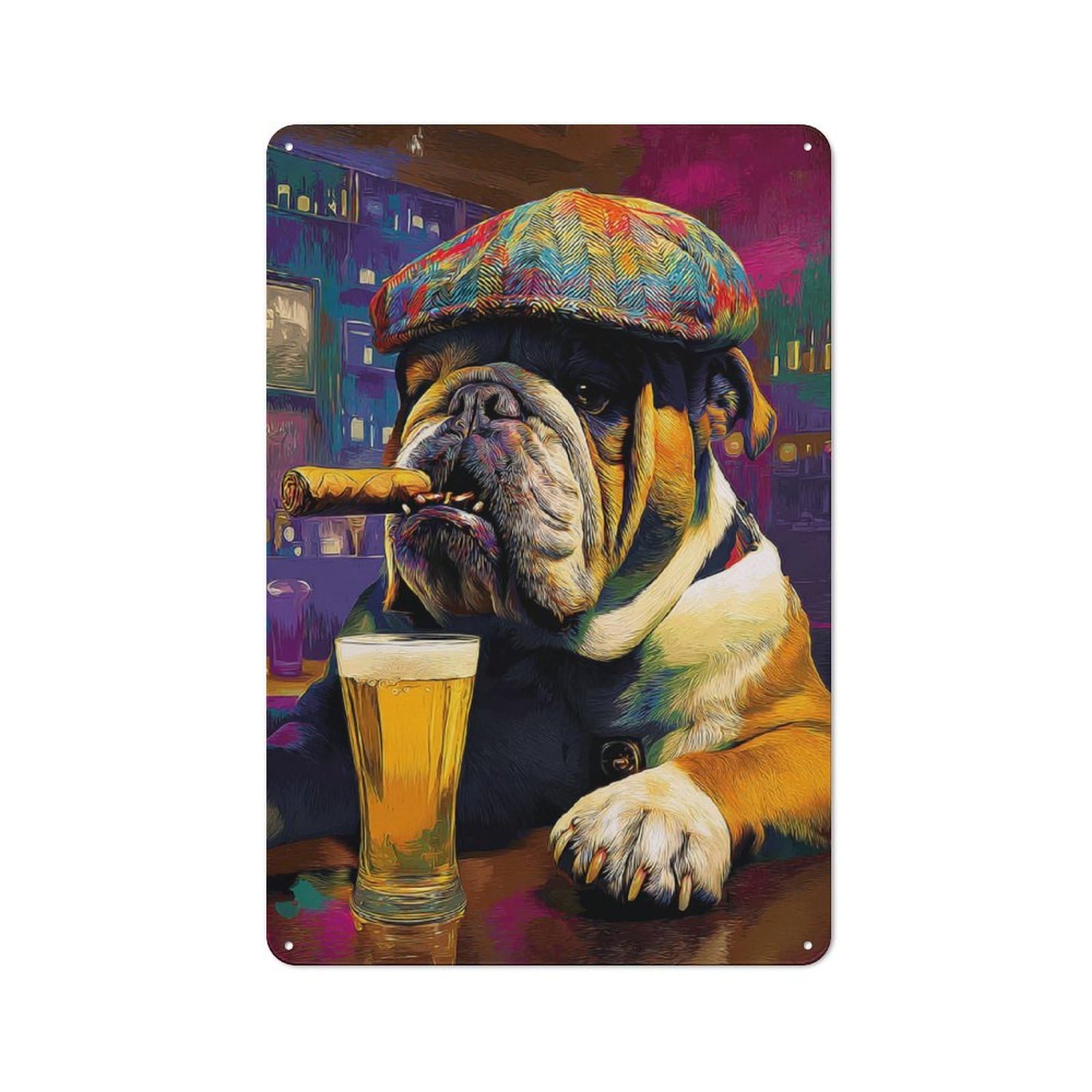 Junmoney Chill Bulldog With Cigar And Beer Tin Sign With Design 30X20cm, Vintage Workshop Wall Decor For Tool Room, Garage, Studio Or Home Bar