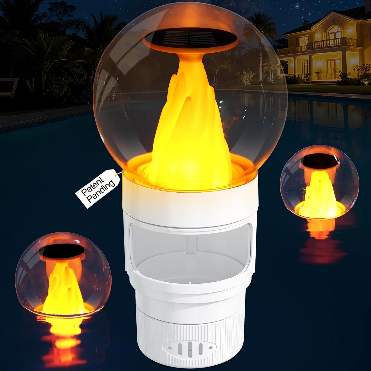 ChlorBlu Solar Chlorine Floater,Chlorine Floater with Solar Flame Light,Adjustable Release Floating Chlorine Dispenser for Pool,Large Capacity Pool Chlorine Floater,Chlorine Floater for Hot Tub(White)