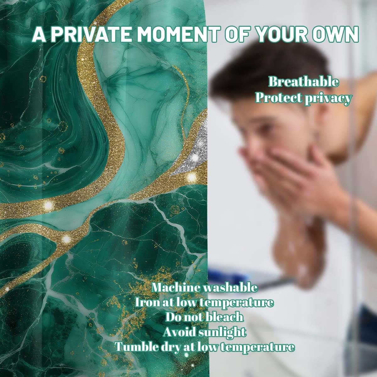 Green Marble Shower Curtain Emerald Green and Gold Teal Green Abstract Shower Curtains for Bathroom Decor Sets, Waterproof Cloth Fabric with Hooks 70x72 Inch