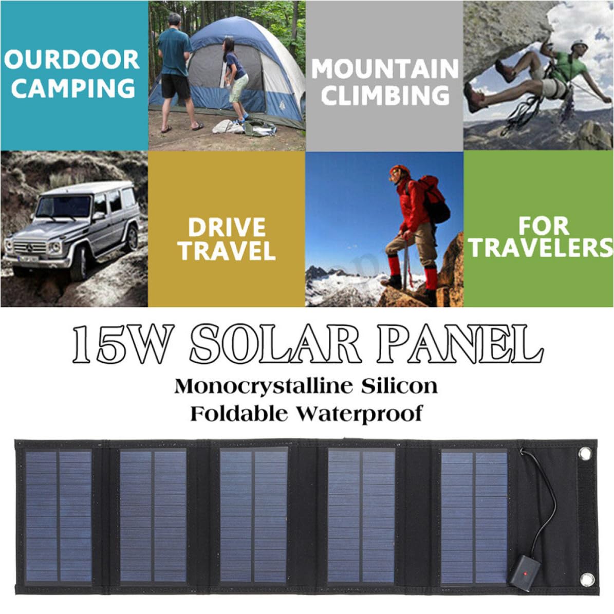 CLISPEED Cargador Solar Plegable de 15w y 6v Resistente al Clima Panel Monocristalino para Camping y Emergencias Portátil y Reducido