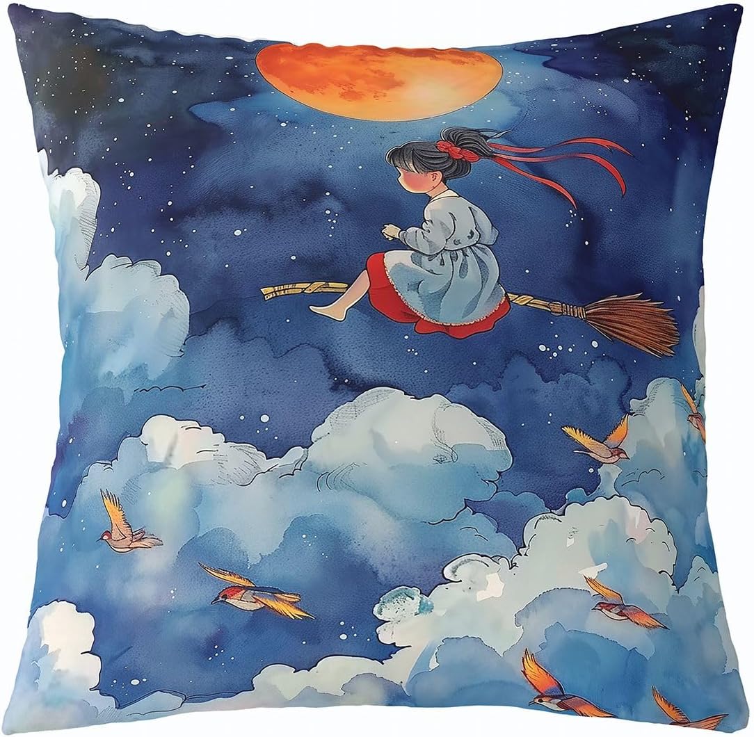Castle Fairy Flying Girl Throw Pillow Covers (Pack of 2),Cartoon Birds Cushion Cover for Kids Boys Teens Orange Moon Night Pillow Cases Japanese Anime Living Room Sofa Bed Decor,20" Lx20 W image 2