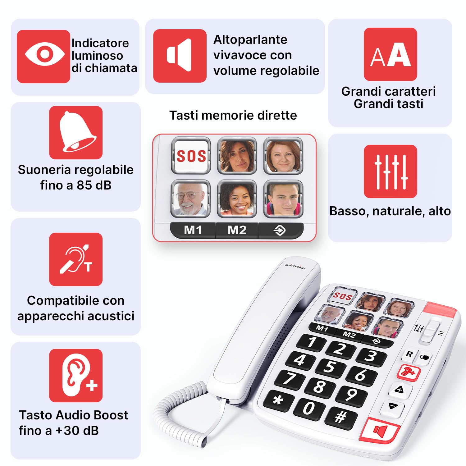 SWISSVOICE - Xtra 1110 - Telefono fisso con filo per anziani - Tasti grandi - 6 tasti di memoria con foto - Suonerie extra forti - Indicatore luminoso - Audio Boost - Compatibile apparecchi acustici