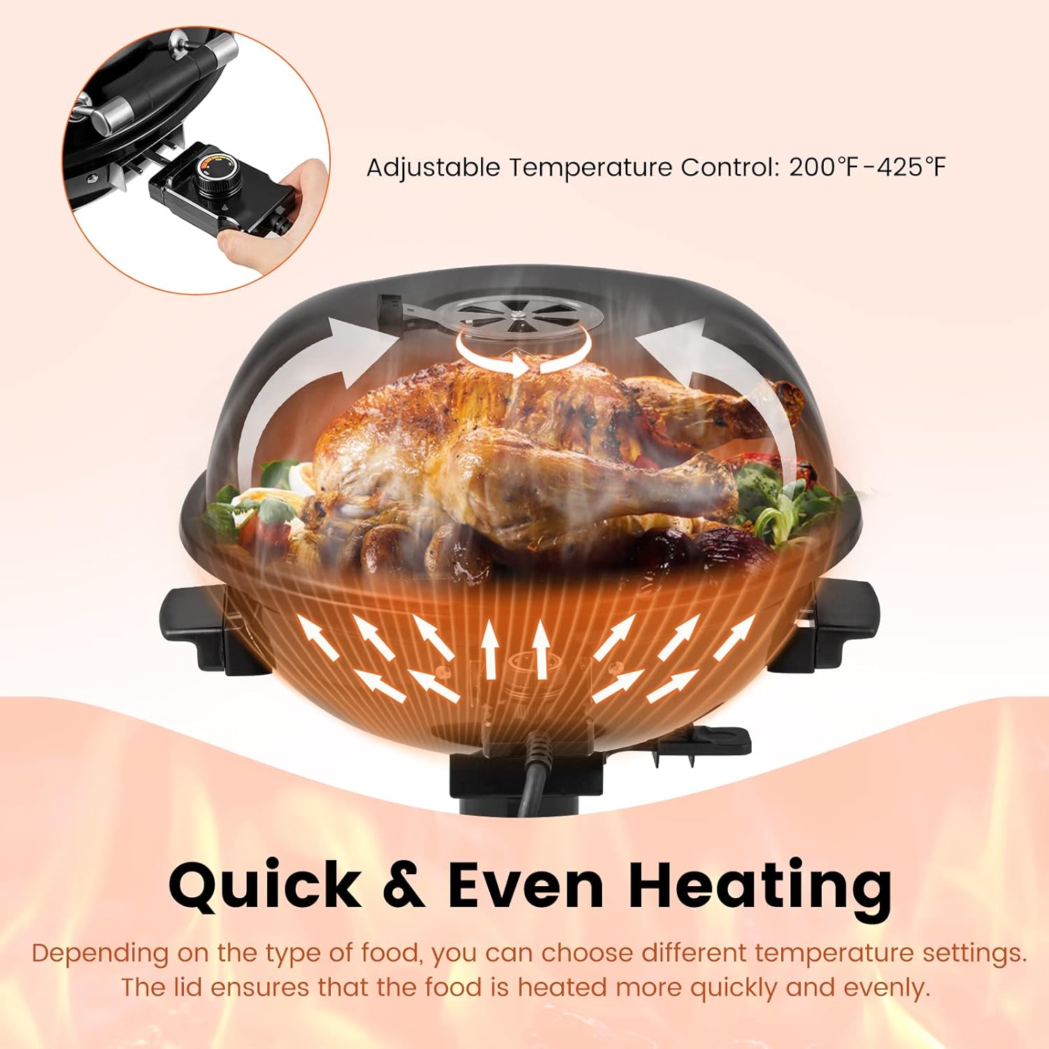 HAPPYGRILL 1600W Electric Grill Outdoor, Portable BBQ Grill with Warming Tray, Removable Non-Stick Grill Rack, Adjustable Temperature& Oil Drip Tray for Patio, Camping, Picnic (Balck)